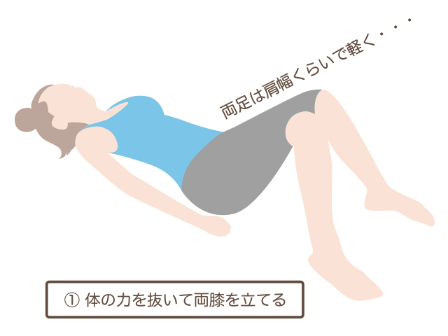 体の力を抜いて両膝を立てる　両足は肩幅ぐらいで軽く…